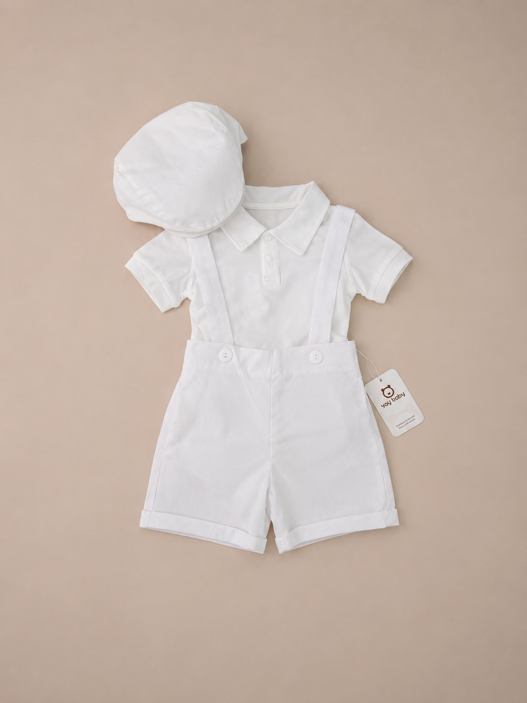 Set de Short con Tirantes y Romper BLANCO con Boina