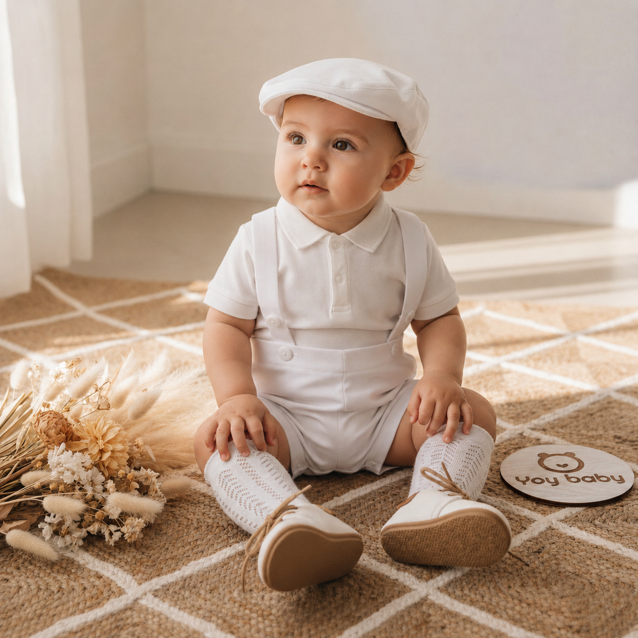 Set de Short con Tirantes y Romper BLANCO con Boina